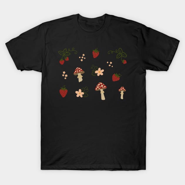 Mushrooms Strawberries and Daisies T-Shirt by Mayfully